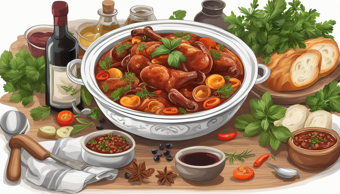 A table set with a hearty bowl of cacciatore, accompanied by a bottle of red wine and a selection of fresh herbs and spices for enhancing the dish