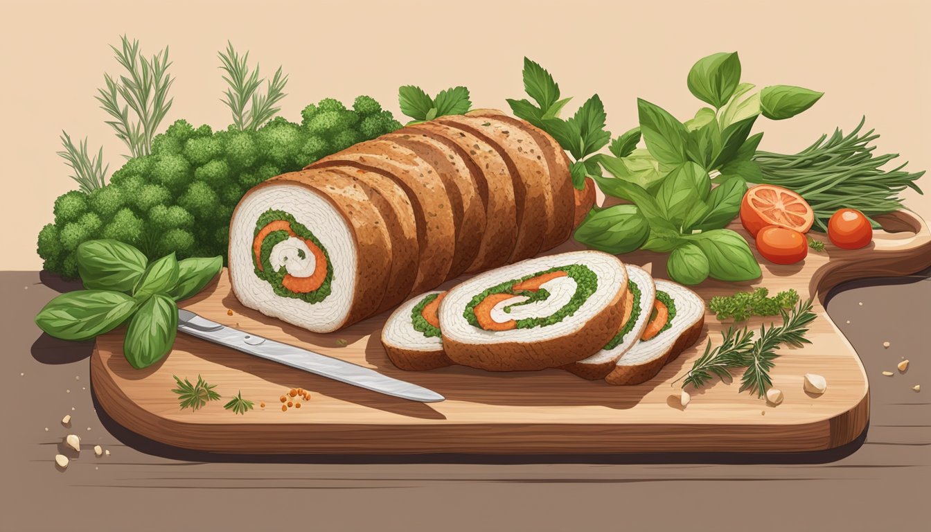 A roulade being sliced into perfect portions on a wooden cutting board, surrounded by fresh herbs and spices