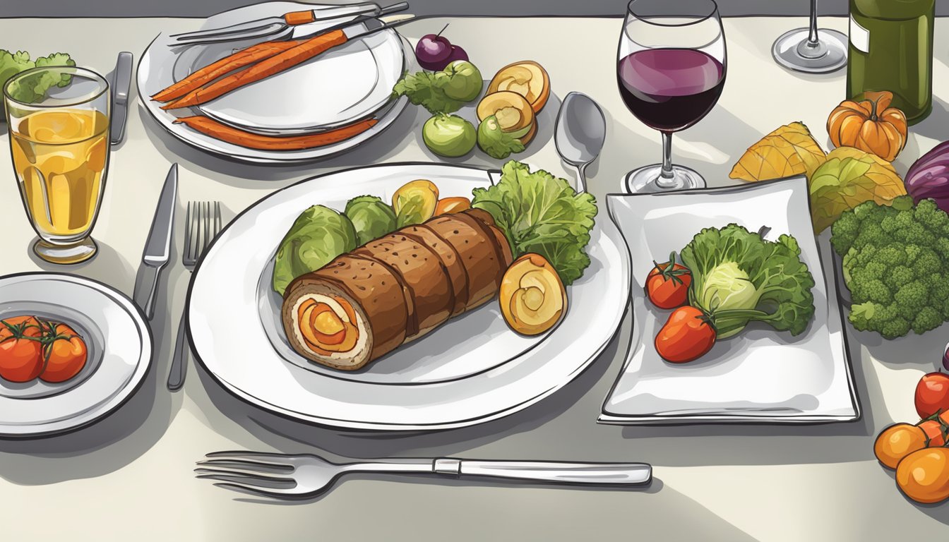 A table set with a plate of roulade, accompanied by a fork and knife, a glass of wine, and a side of vegetables