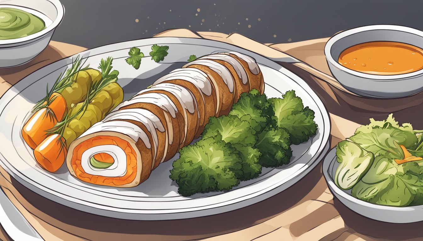 A plate with sliced roulade, accompanied by a side of vegetables and a small dish of sauce