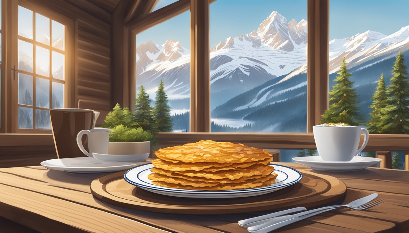 A steaming plate of rösti sits on a wooden table, surrounded by a traditional Swiss chalet and snow-capped mountains in the background