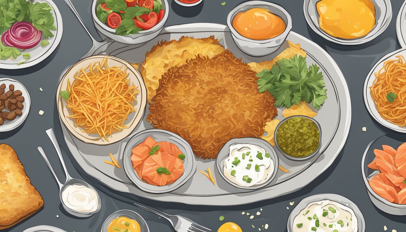 A plate of golden, crispy rösti sits next to a variety of toppings and condiments, including sour cream, smoked salmon, and grated cheese