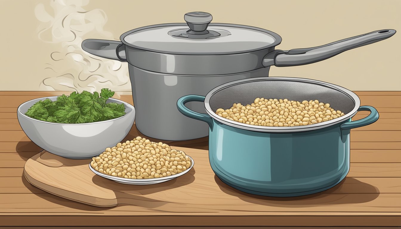 A pot of boiling water, a colander, and a pile of spätzle on a cutting board