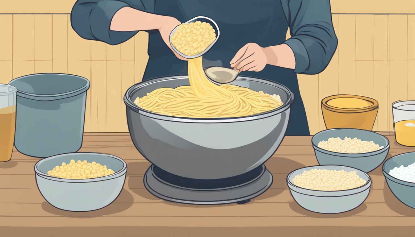 A person mixing flour, eggs, and water in a bowl to create spätzle batter