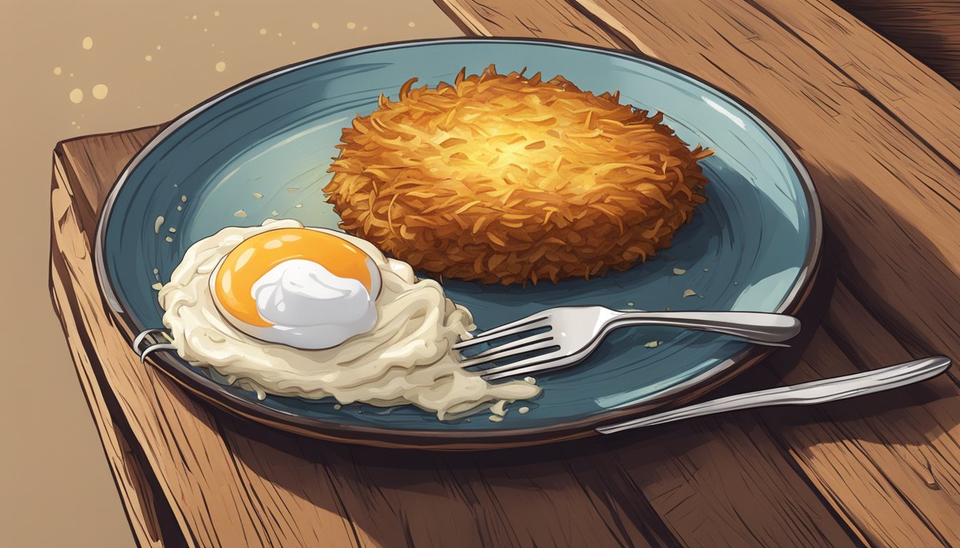 A fork piercing a crispy rösti, steam rising from the golden potato cake, placed on a rustic wooden plate with a dollop of sour cream