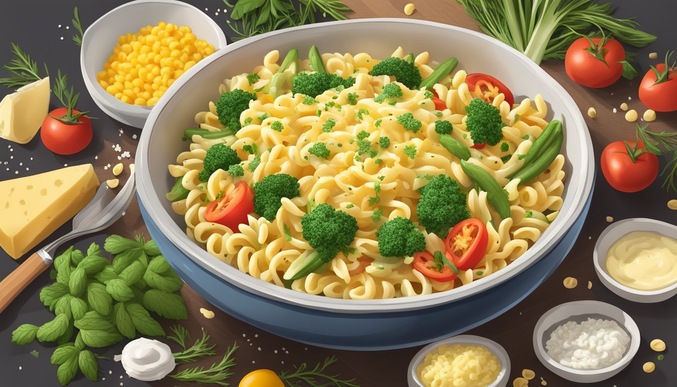 A steaming bowl of spätzle topped with herbs and melted butter, surrounded by colorful vegetables and a sprinkle of parmesan cheese