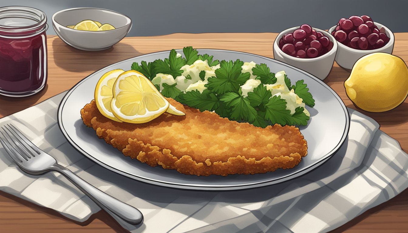 A plate with a golden, crispy schnitzel topped with a slice of lemon and a sprig of parsley, accompanied by a side of potato salad and a dollop of lingonberry jam