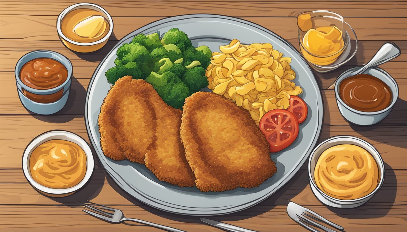 A plate with schnitzel, accompanied by various sides and sauces, sits on a wooden table with a fork and knife nearby