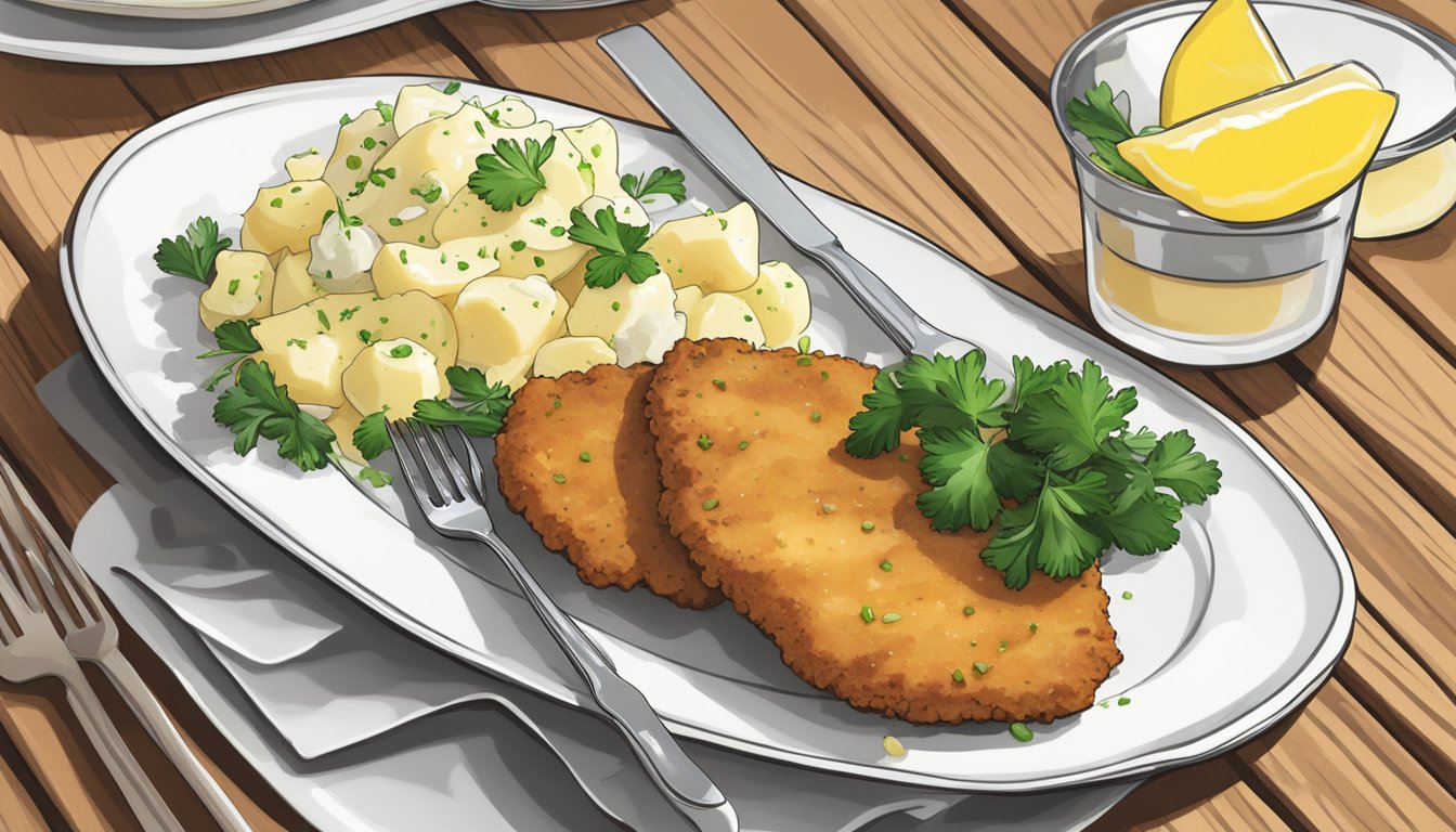 A plate of schnitzel with a side of potato salad, a lemon wedge, and a sprig of parsley, served on a white dish atop a wooden table