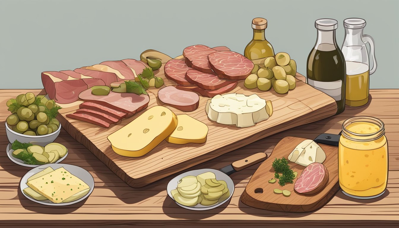 A spread of raclette ingredients arranged on a wooden board with cheese, potatoes, pickles, and cured meats. A raclette grill is melting cheese in the background