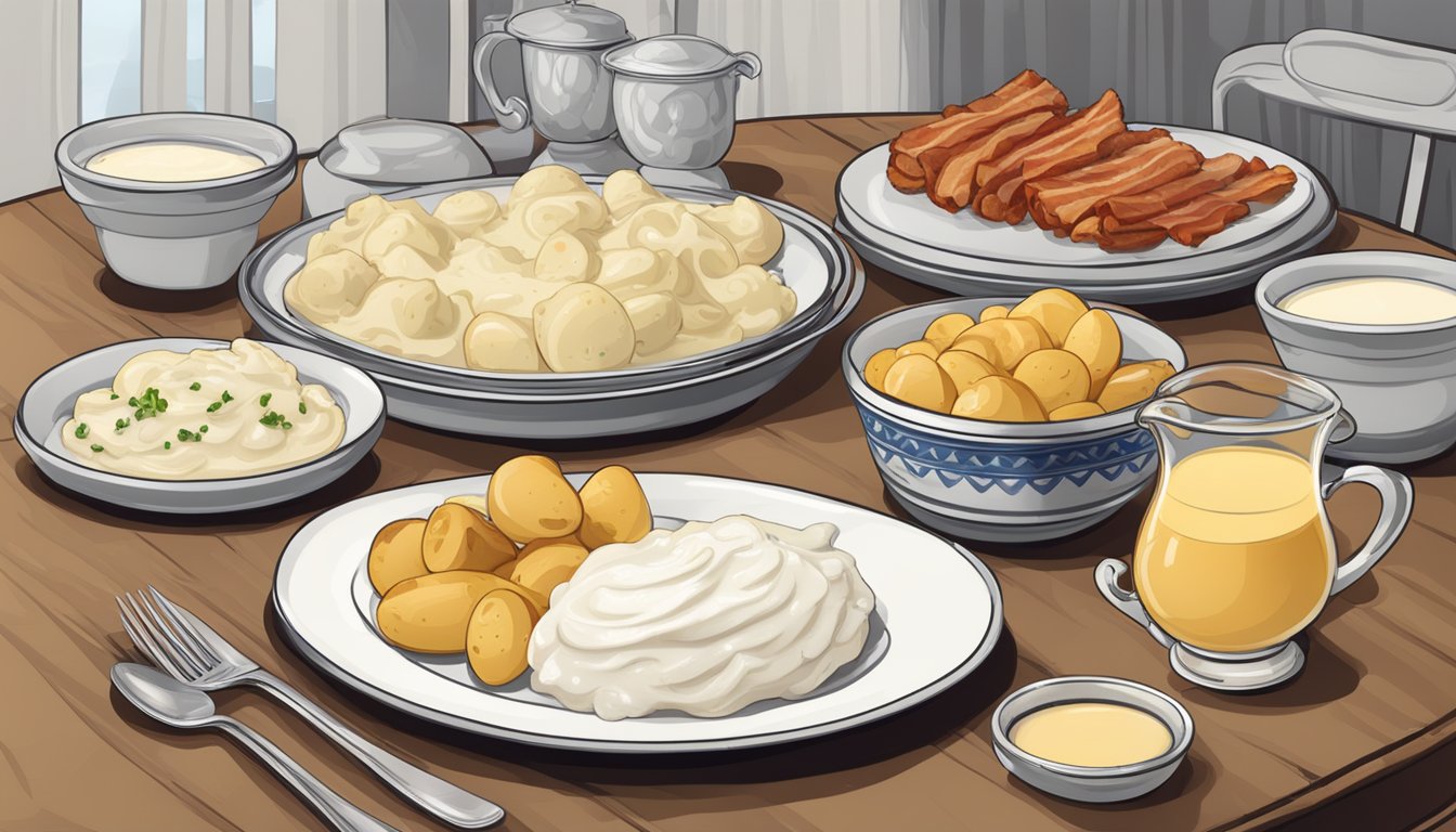 A table set with a plate of lutefisk, accompanied by boiled potatoes, white sauce, and a side of bacon