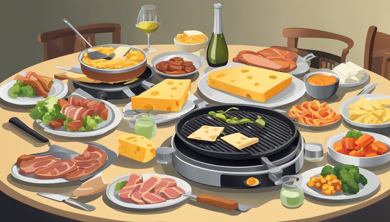 A table set with a raclette grill, plates of cheese, meats, and vegetables, along with small pans and spatulas for melting and serving