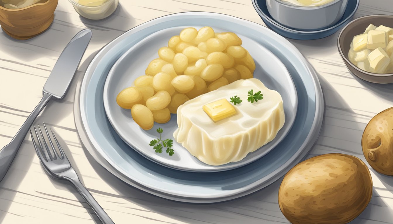 A person uses a fork to lift a piece of lutefisk from a plate, with a side of potatoes and butter on the table