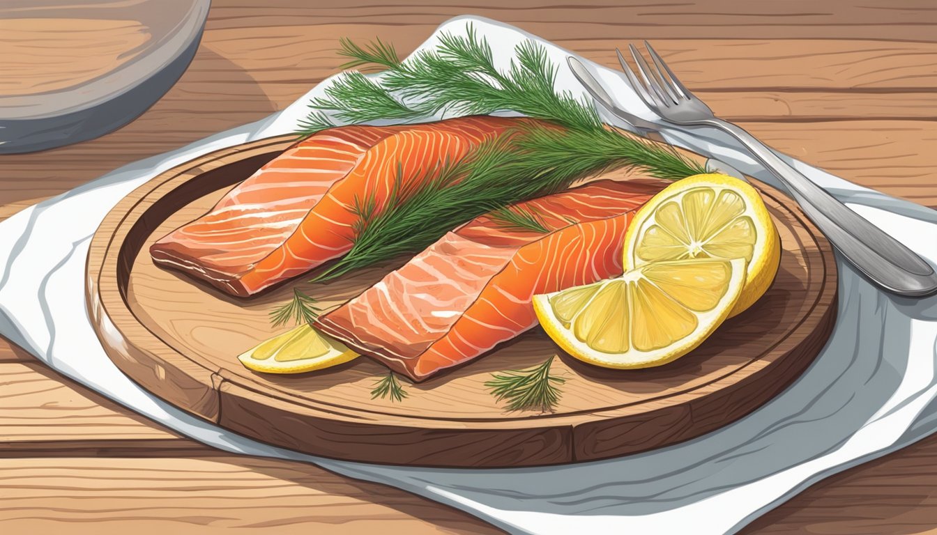 A plate with gravlax, sliced lemon, and dill on a wooden cutting board. A fork and knife lay nearby