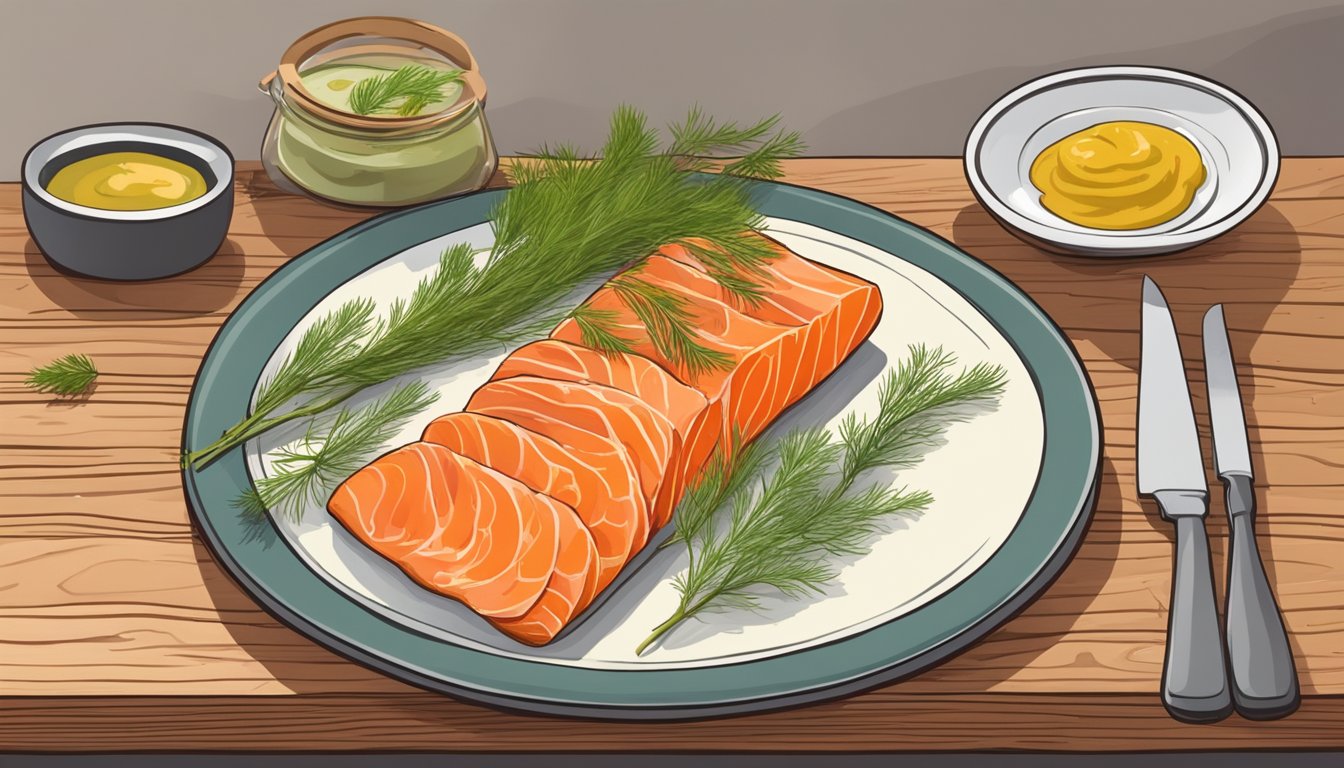 A plate with sliced gravlax, a dollop of mustard sauce, and a sprig of dill on a wooden serving board