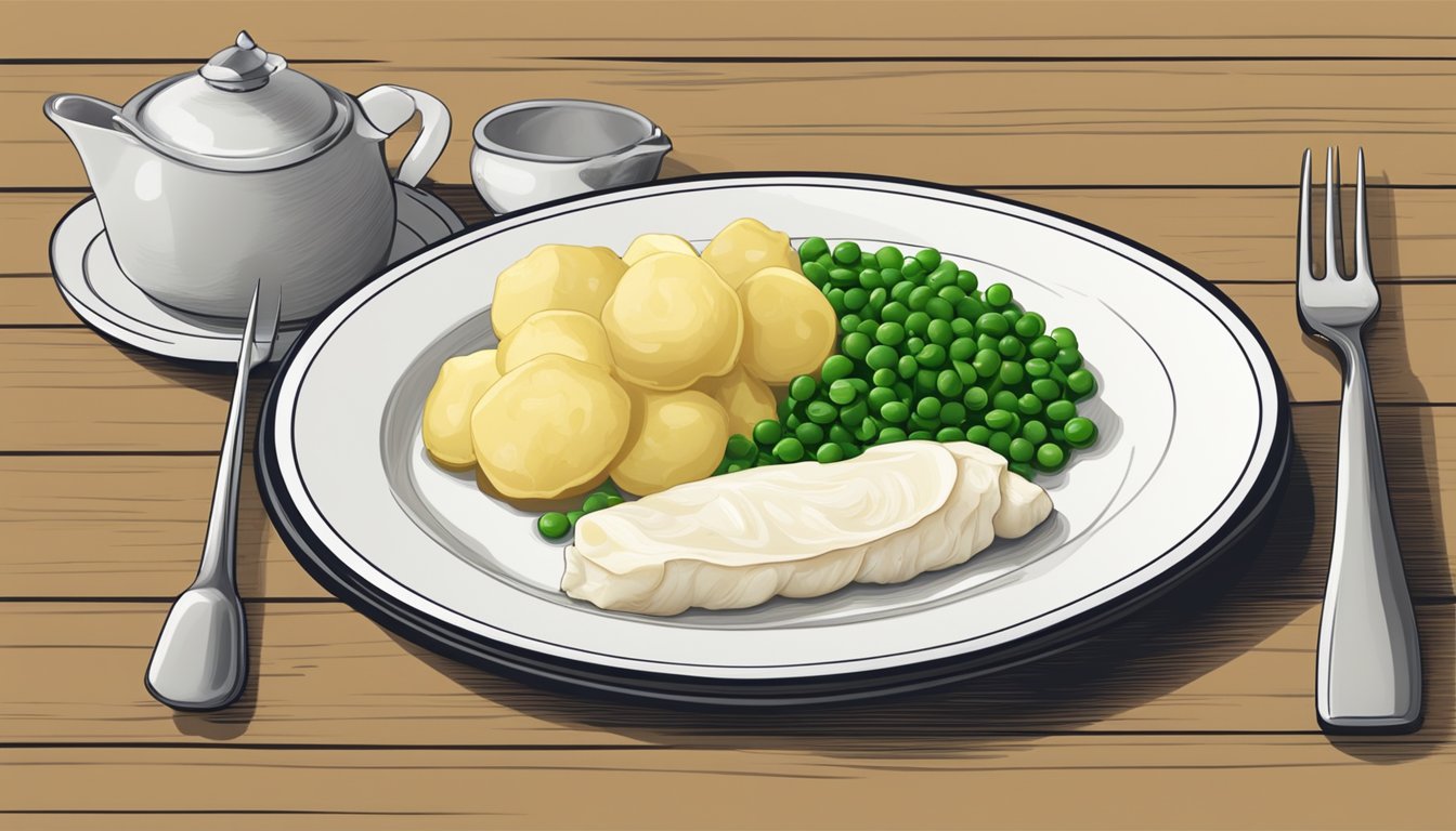 A plate of lutefisk with a side of boiled potatoes and green peas. A fork and knife are placed neatly beside the dish