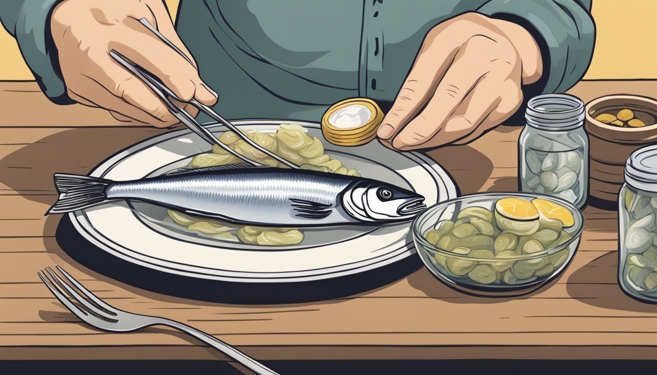 A person placing a piece of lutefisk on a plate with a fork, next to a jar of pickled herring and a container of lye