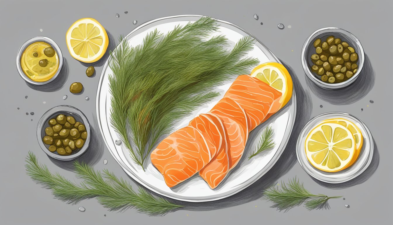 A plate of gravlax with dill, capers, and lemon slices, accompanied by a slice of rye bread and a dollop of mustard