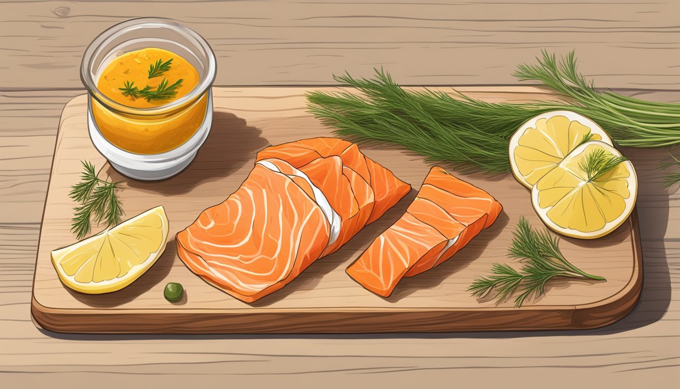 A wooden cutting board with sliced gravlax, a dollop of mustard-dill sauce, and a few sprigs of fresh dill on the side