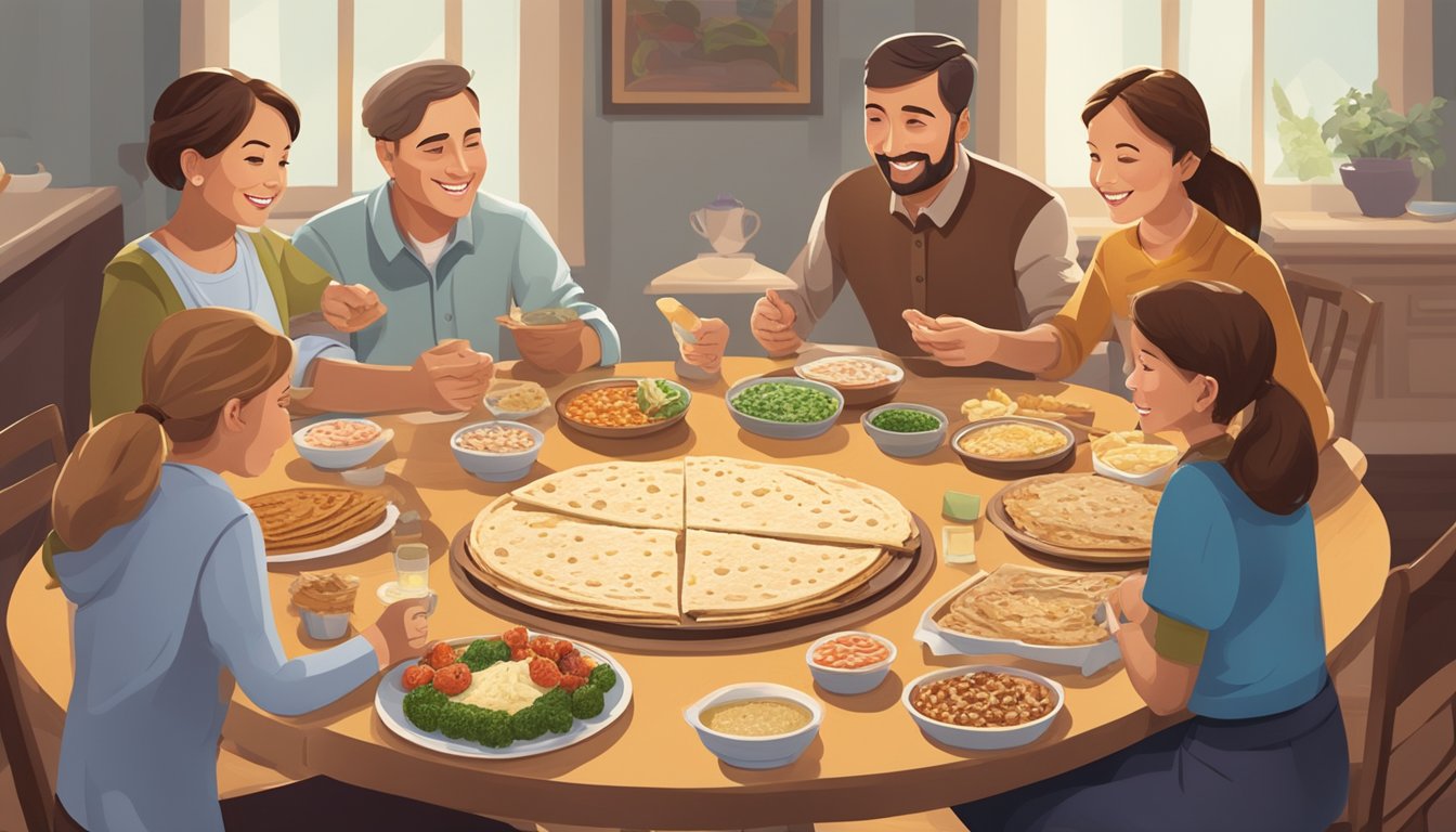 A family gathering around a table, enjoying lefse with various toppings and fillings