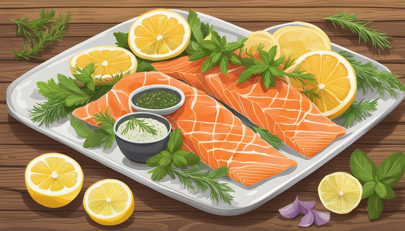 A plate with various gravlax variations surrounded by fresh herbs and slices of lemon, set on a rustic wooden table