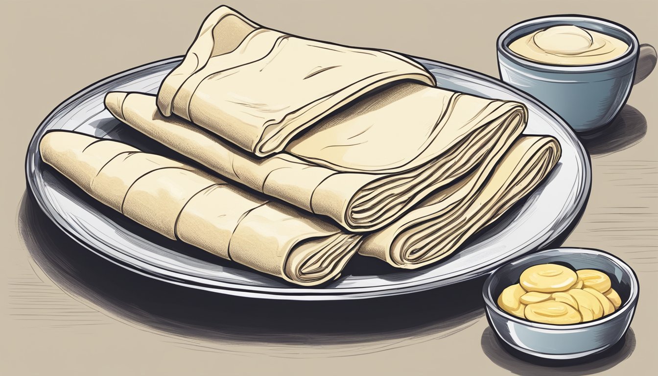 A plate with folded lefse, accompanied by butter and sugar, ready to be eaten