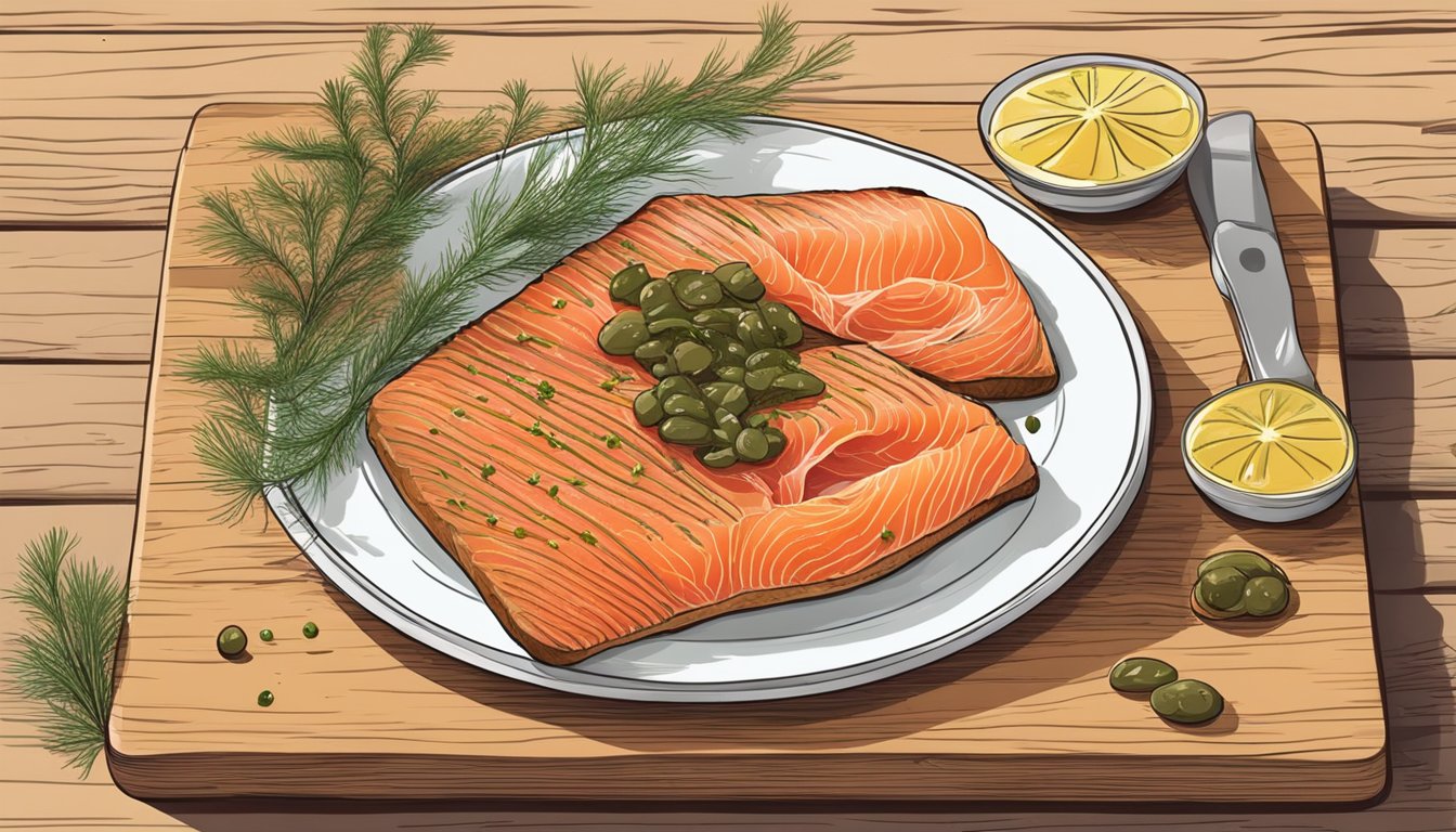 A plate of gravlax with dill, lemon, and capers, accompanied by slices of bread and a dollop of mustard on a wooden serving board