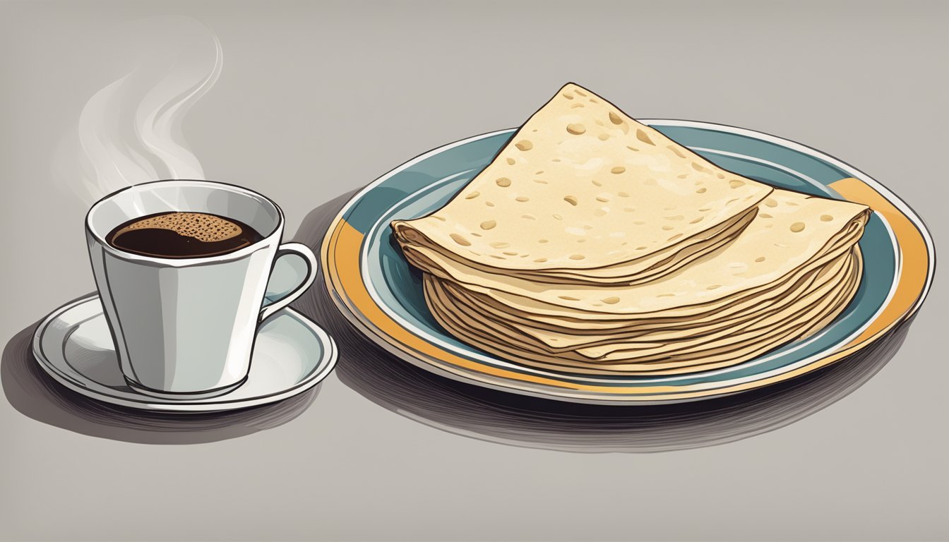 A table set with a plate of lefse, butter, and sugar. A cup of coffee sits nearby