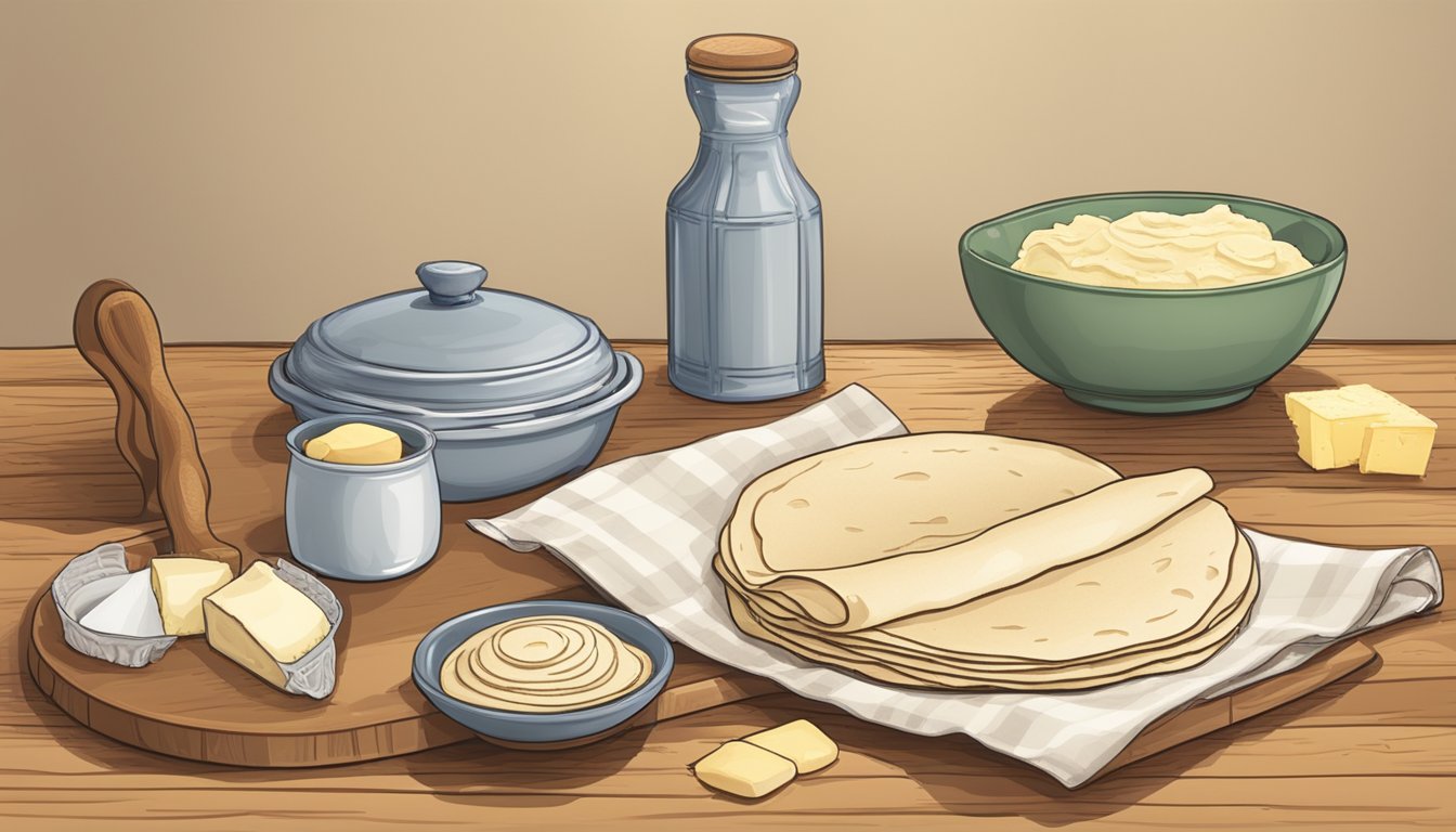 A kitchen counter with a stack of freshly made lefse, a rolling pin, and a container of butter for spreading