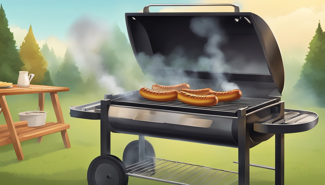 A bratwurst being grilled on a barbecue, with the smoke rising and the sausage sizzling on the hot grill