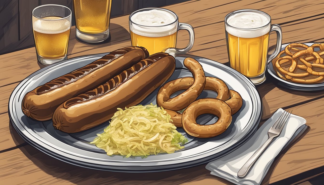 A plate holds a grilled bratwurst with sauerkraut and mustard, accompanied by a soft pretzel and a cold beer