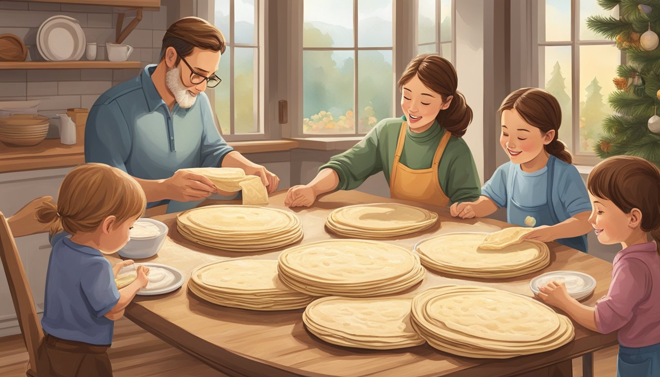 A family gathers around a table, spreading butter and sugar on thin, round lefse, then rolling them up to enjoy