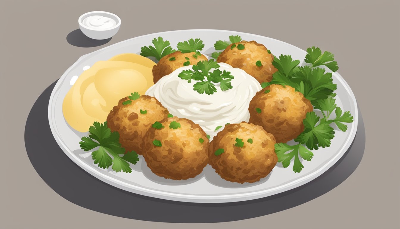 A plate of knödel served with a side of sauerkraut and a dollop of sour cream, garnished with fresh parsley