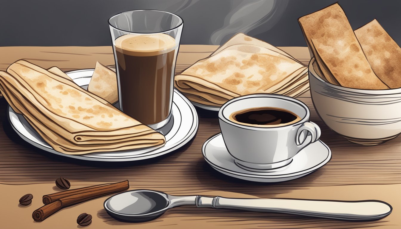 A plate of lefse with butter and cinnamon sugar next to a cup of coffee