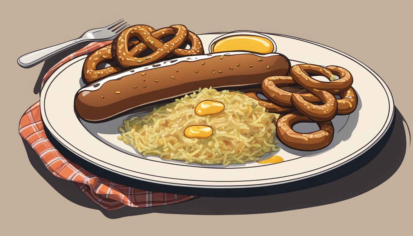 A plate with a grilled bratwurst resting on a bed of sauerkraut, with a side of warm, soft pretzel and a dollop of spicy mustard