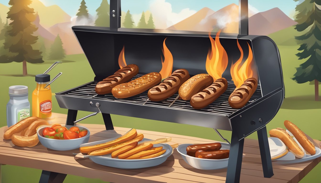 A person grills bratwurst on a barbecue, using tongs to turn them. The sausages sizzle and brown over the flames. A picnic table is set with condiments and buns