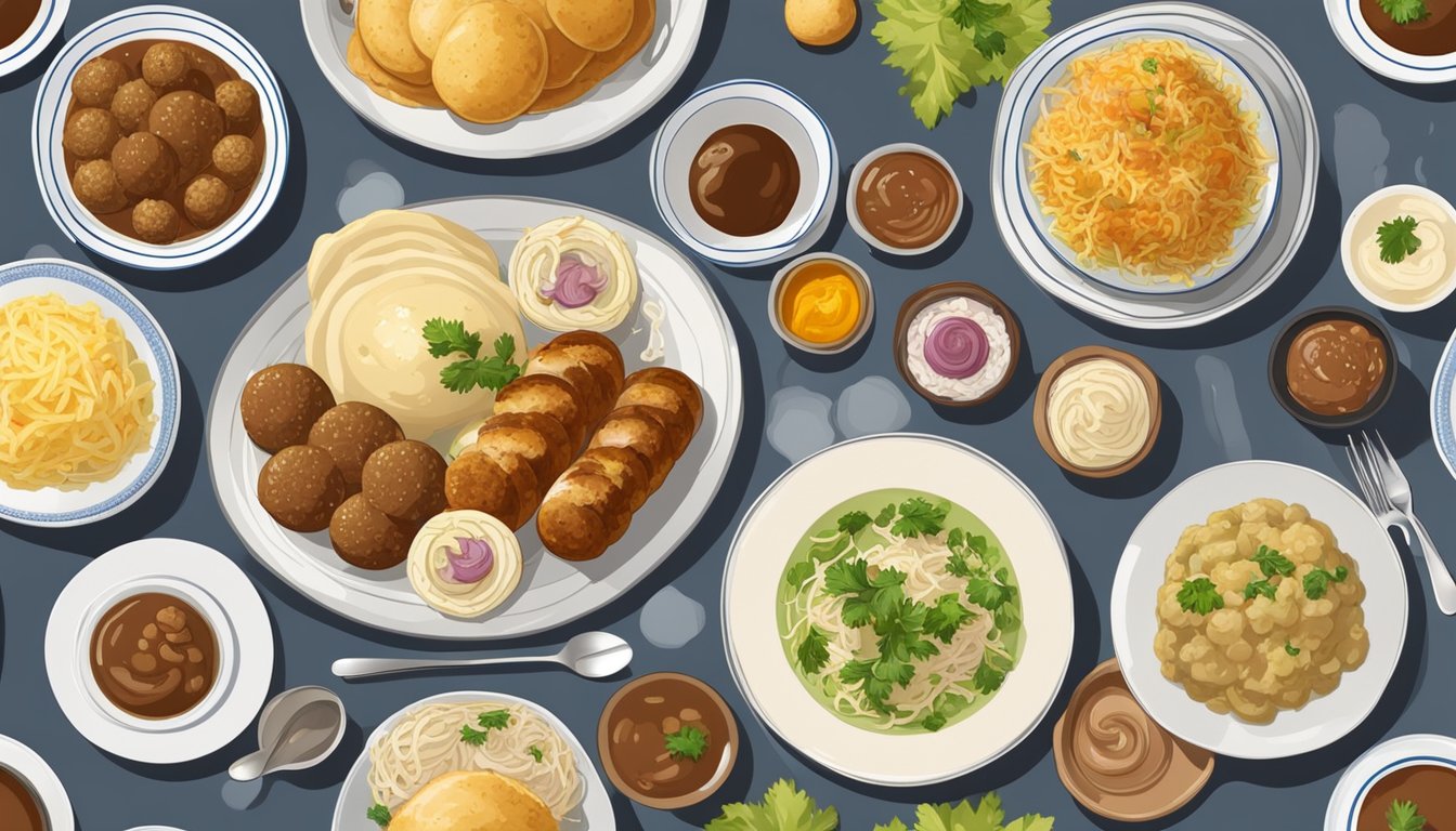 A plate of knödel surrounded by a variety of complementary dishes, such as sauerkraut, gravy, and sausage, arranged in an appetizing and visually appealing manner