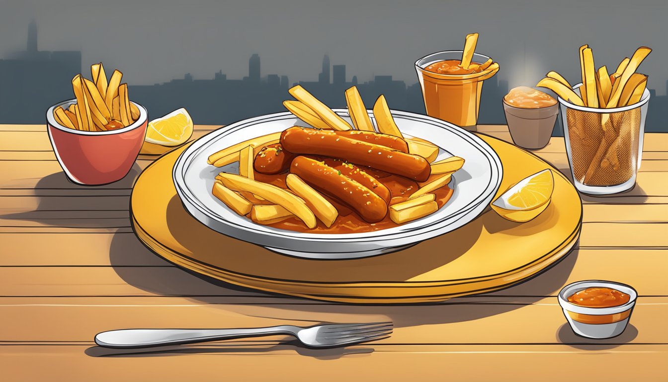 A plate with currywurst and fries, topped with curry sauce