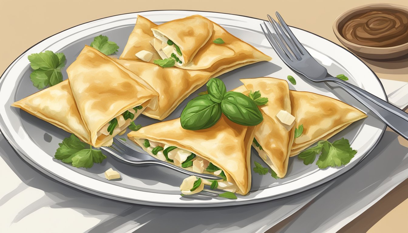 A pair of maultaschen being cut into bite-sized pieces with a fork and knife on a plate