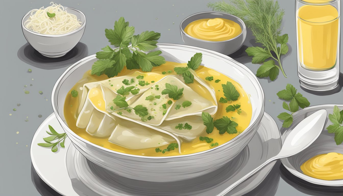 A bowl of maultaschen in clear broth, garnished with fresh herbs and a side of tangy mustard