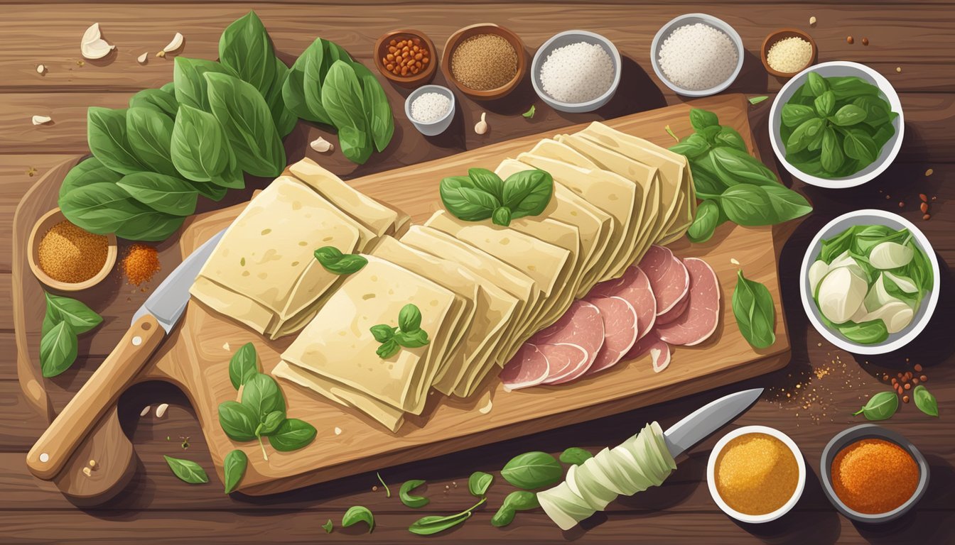 A pair of maultaschen being sliced with a knife on a wooden cutting board, surrounded by various ingredients like spinach, meat, and spices