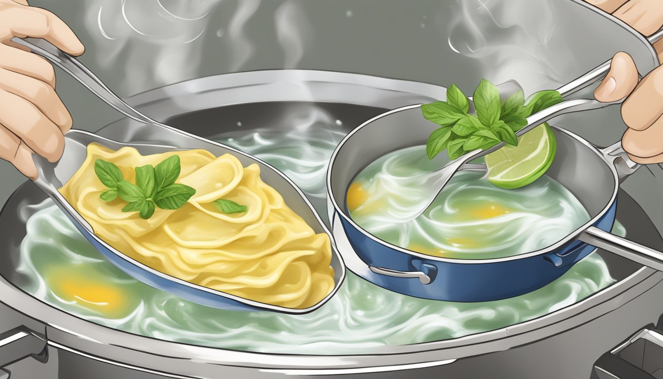 A pair of maultaschen being gently lifted out of boiling water with a slotted spoon