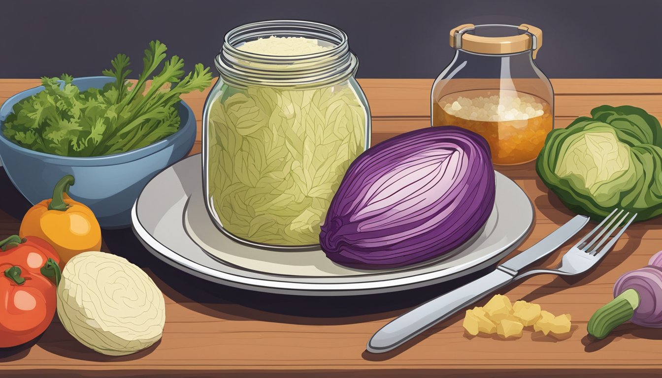 A jar of sauerkraut sits on a wooden cutting board surrounded by colorful vegetables and a small dish of salt. A fork is poised to scoop some of the sauerkraut onto a plate