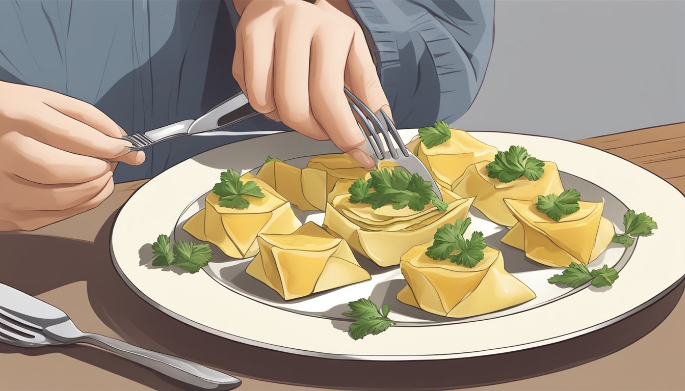 A person cutting maultaschen into bite-sized pieces with a fork and knife on a plate