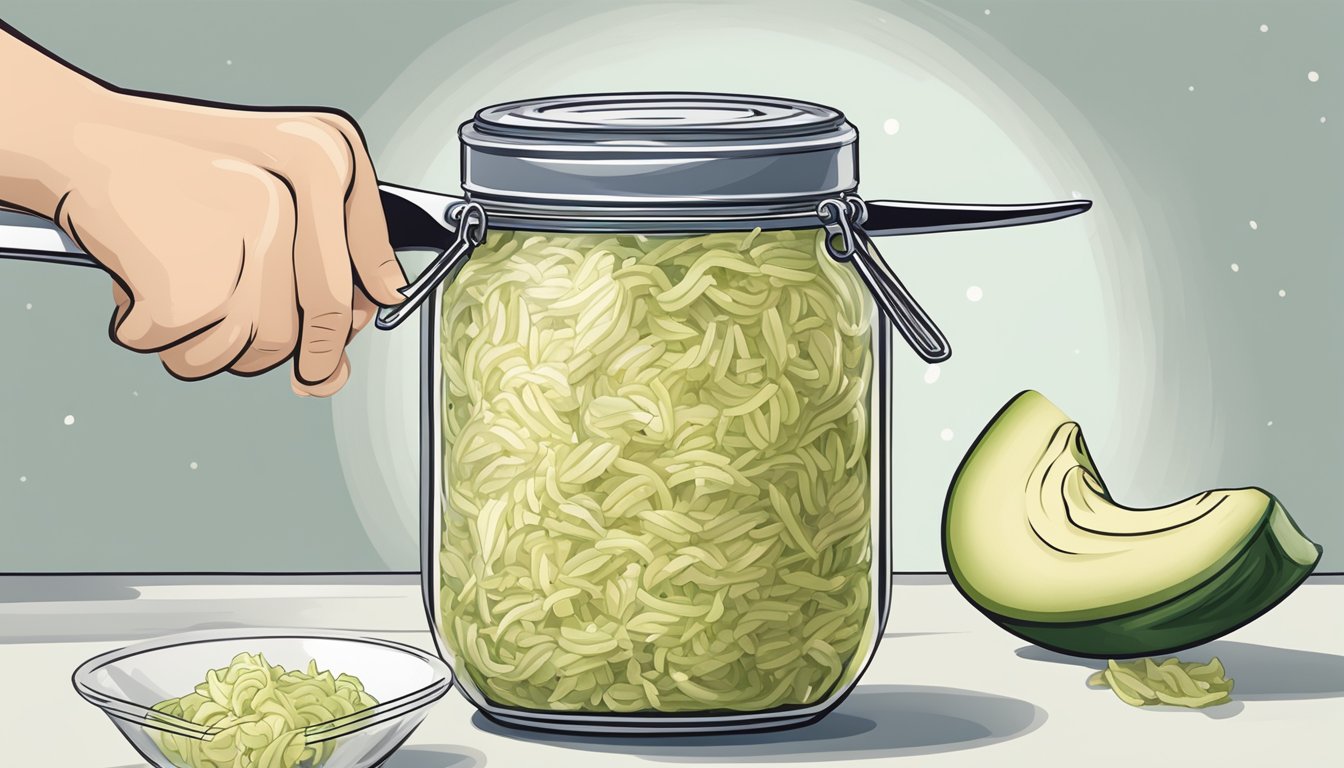 A jar of sauerkraut being opened and a fork lifting a small portion out