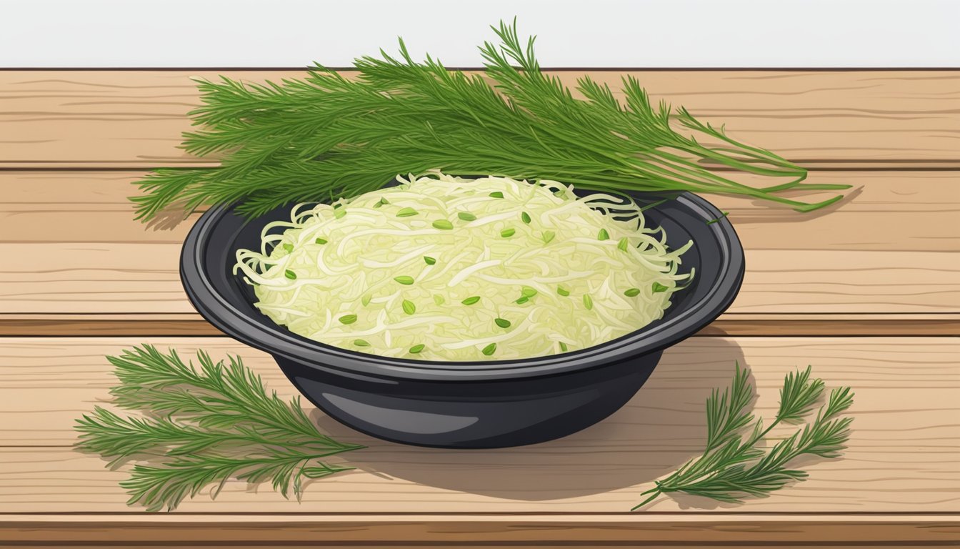 A small dish of sauerkraut sits on a wooden table, surrounded by a few scattered caraway seeds and a sprig of dill