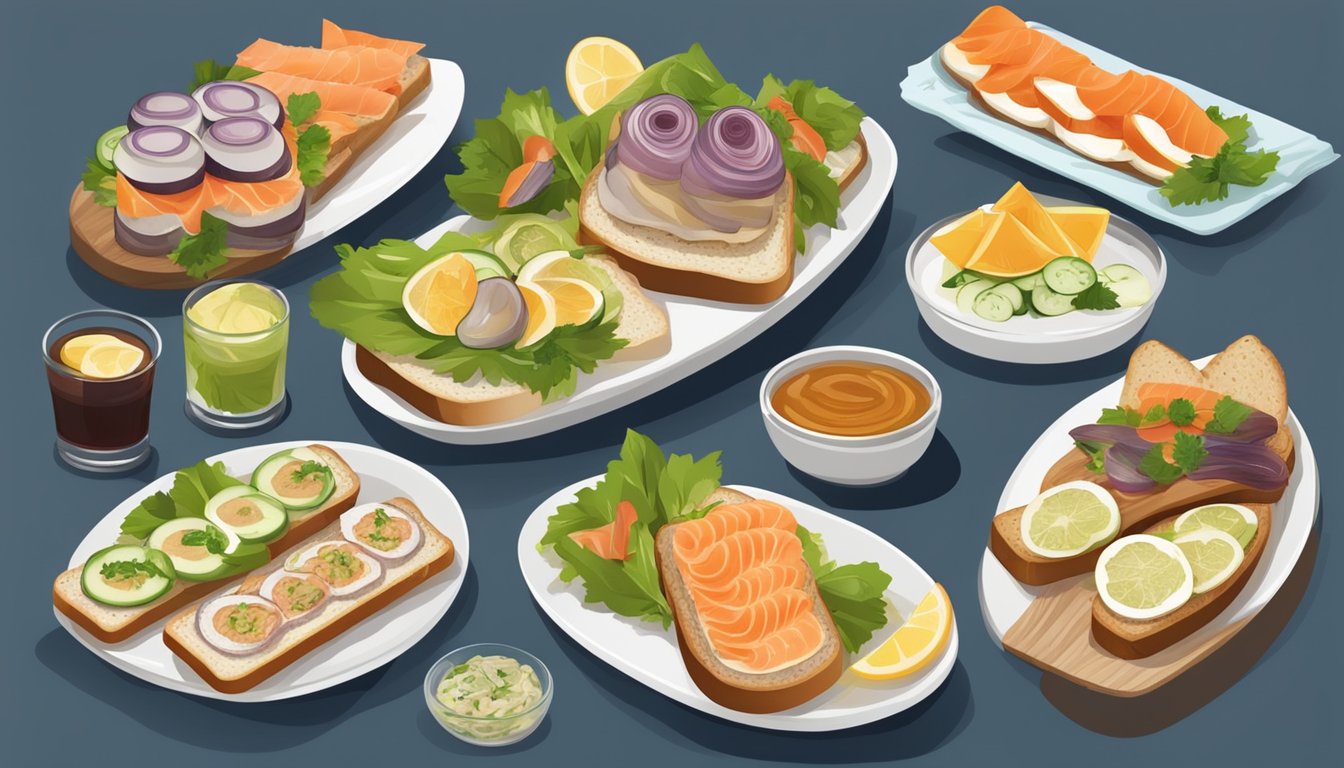 A wooden table set with a variety of open-faced sandwiches, topped with different ingredients like pickled herring, smoked salmon, and rye bread