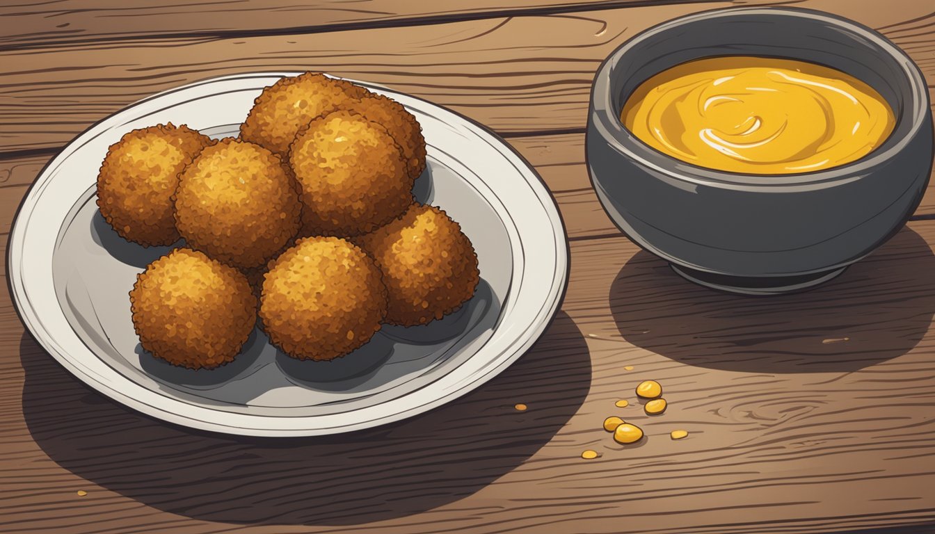 A plate of golden brown bitterballen sits on a rustic wooden table, accompanied by a small dish of mustard for dipping