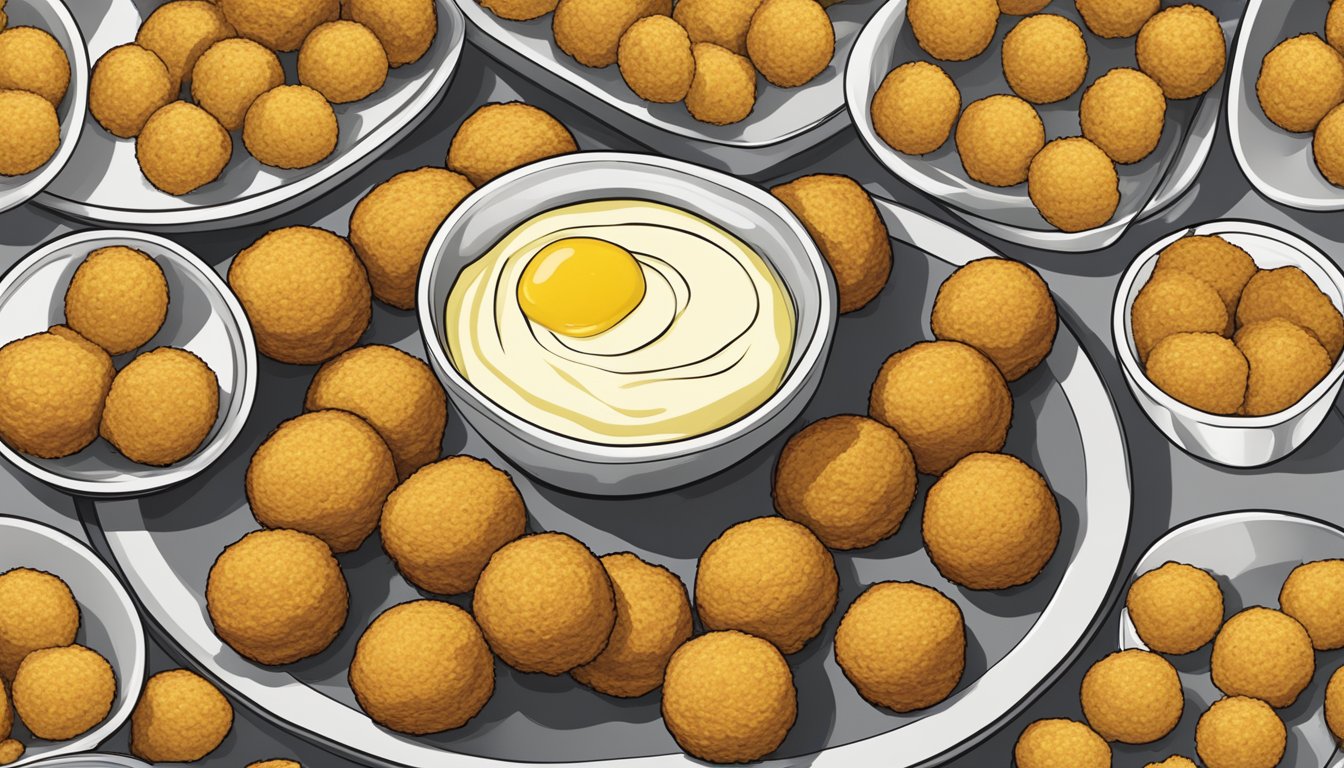 A plate of golden brown bitterballen surrounded by small bowls of mustard and mayonnaise