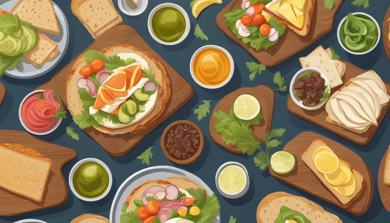 A beautifully set table with an array of open-faced sandwiches arranged on a wooden board, surrounded by small dishes of pickled vegetables and condiments